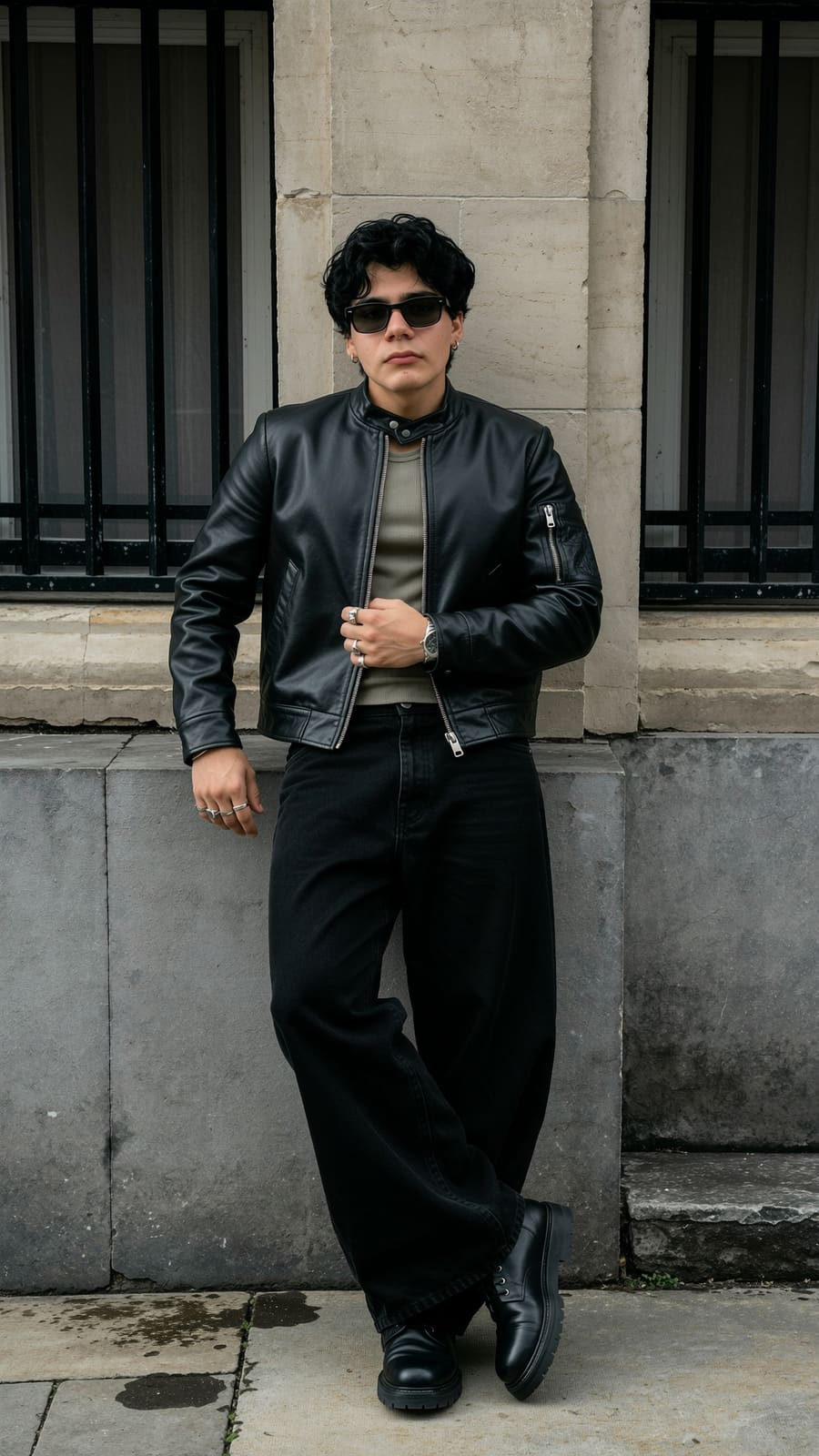 Fachada — Chamarra biker · pantalón wide leg